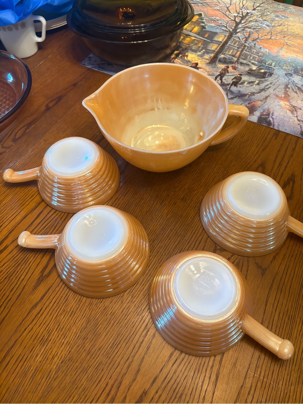 Peach luster fire king Batter Bowl with 4 beehive Bowls